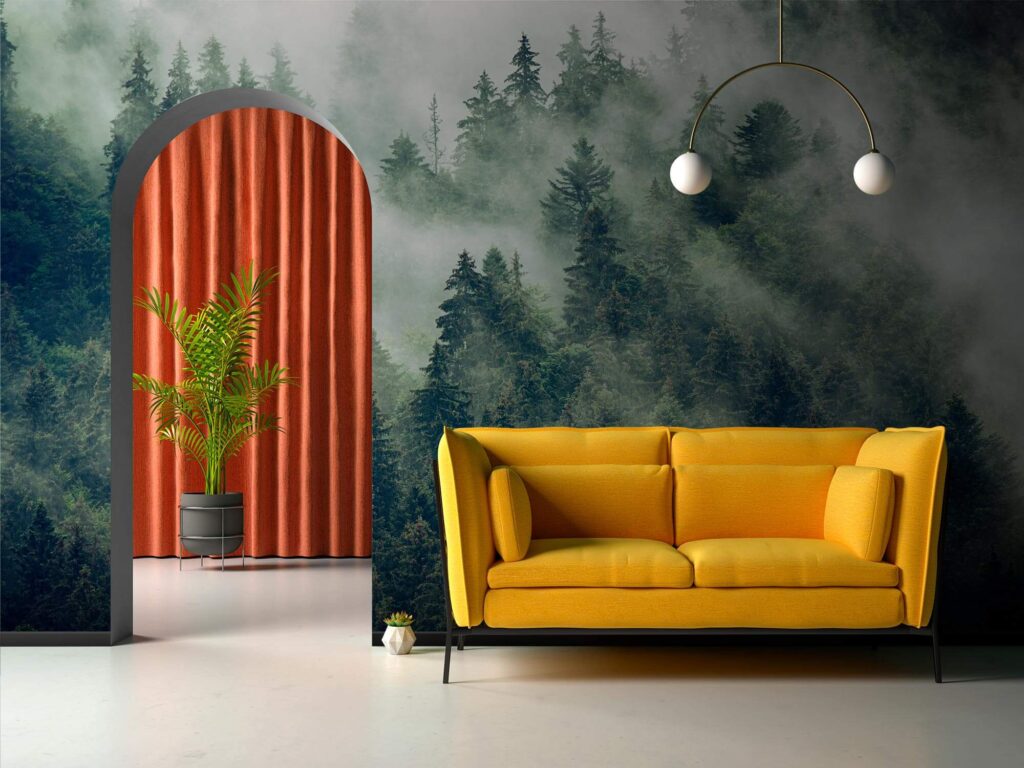 Pines in white mist — interior 1