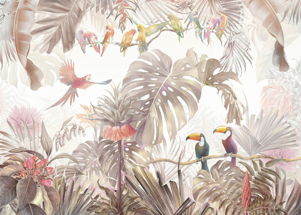 Toucans among pale leaves — full design