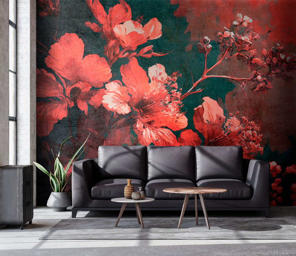 Red flowers on teal — interior 2
