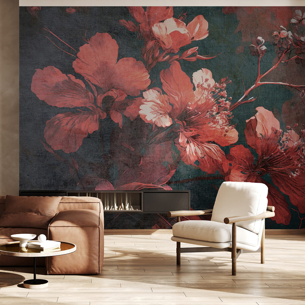 Red flowers on teal — interior 4
