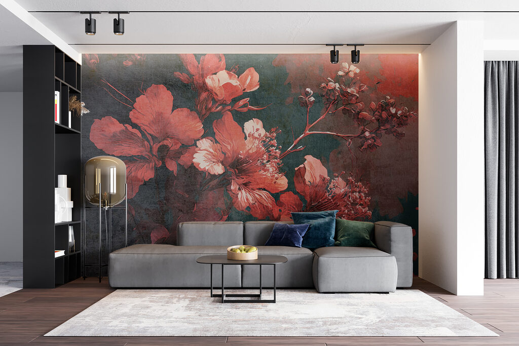 Red flowers on teal — interior 5