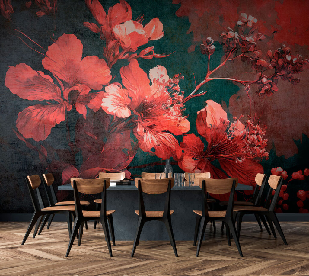 Red flowers on teal — interior 1
