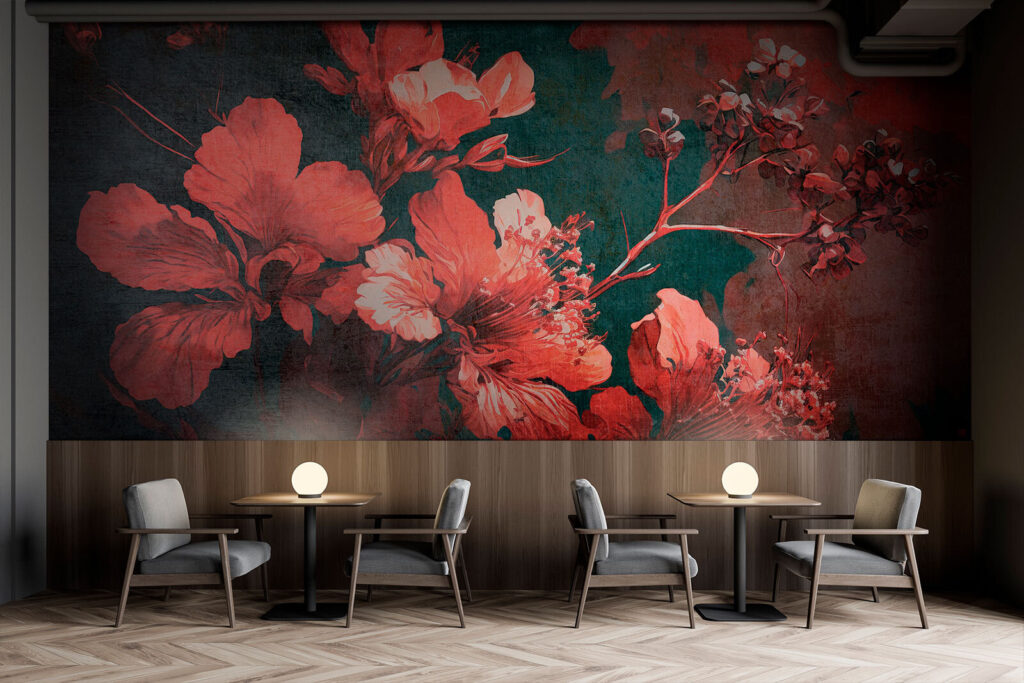 Red flowers on teal — interior 3