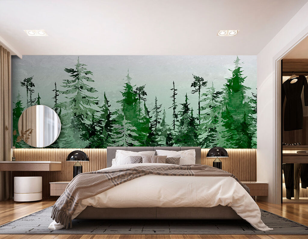 Drawn conifers in green — interior 2