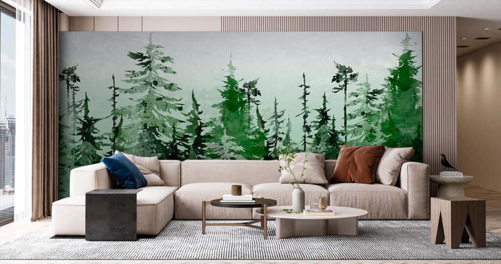 Drawn conifers in green — interior 3