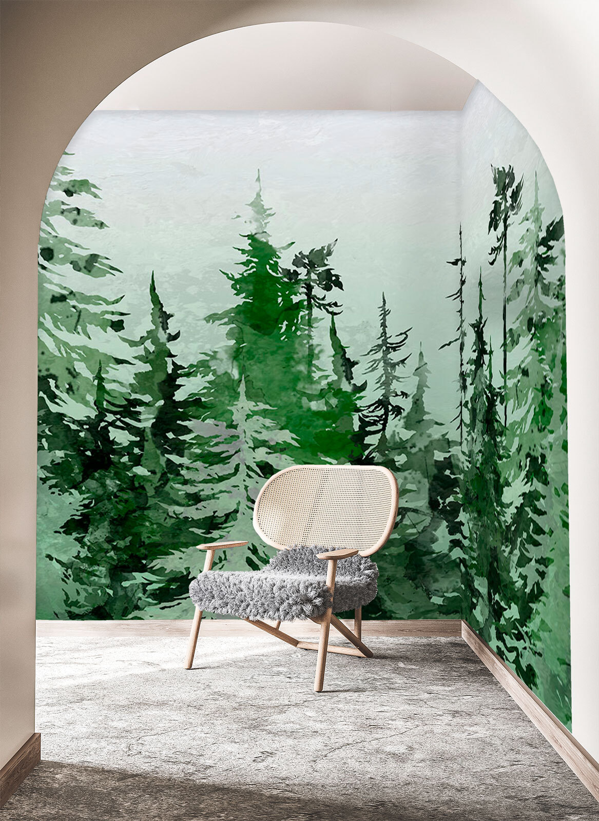 Drawn conifers in green — interior 1