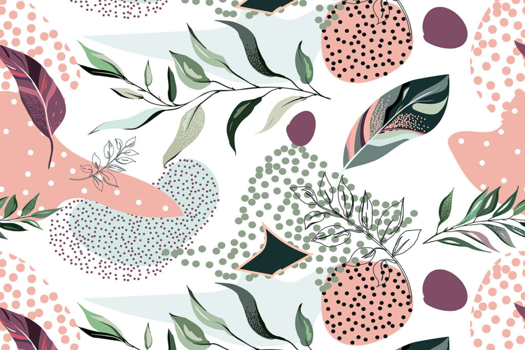 Leaves among playful dots — full design