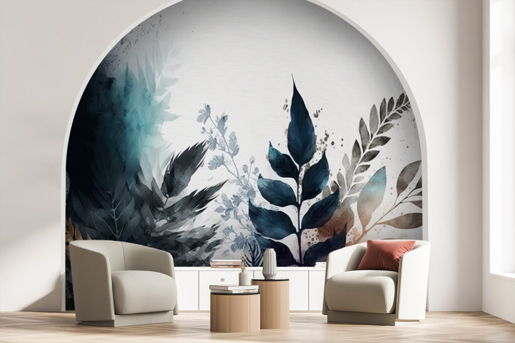 Blue watercolour leaf branches — interior 2