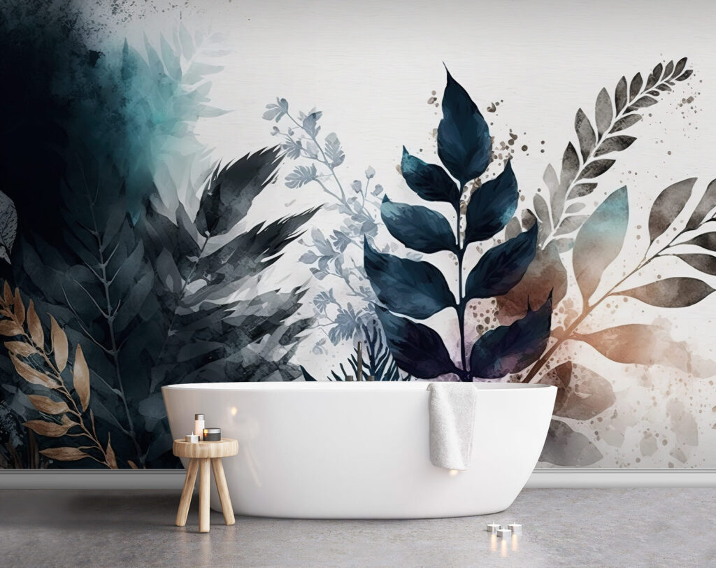 Blue watercolour leaf branches — interior 1