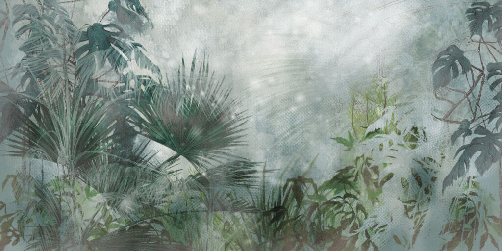 Jungle leaves in mist — full design