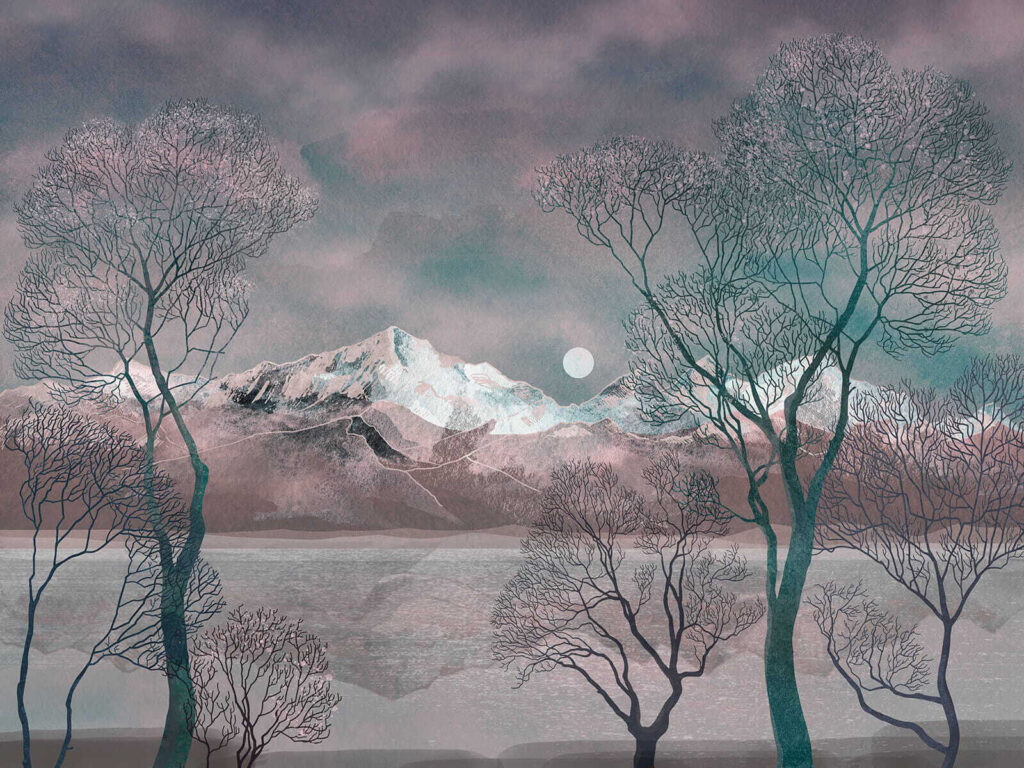 Bare trees by water — full design