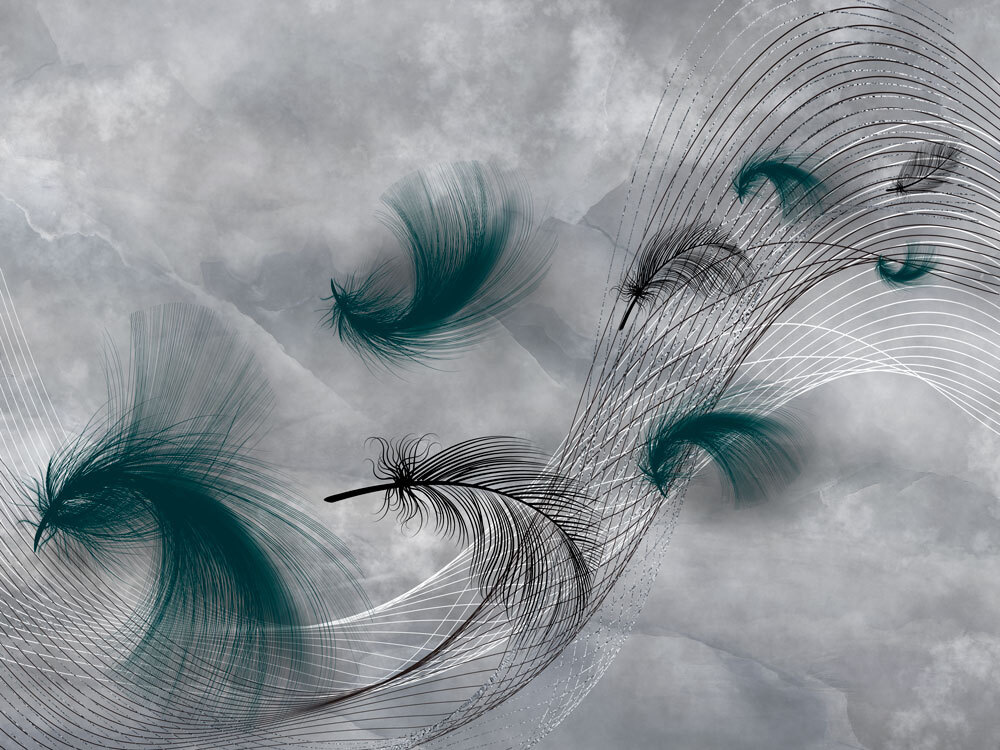 Dark feathers over lines — full design
