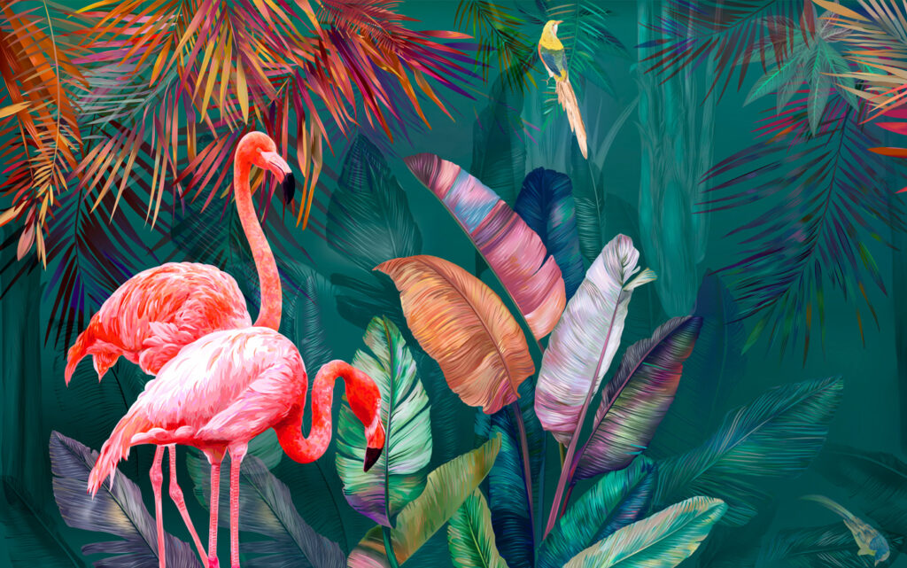 Flamingos in foliage — full design