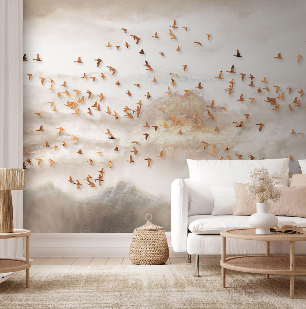 Golden birds over mist — interior 1