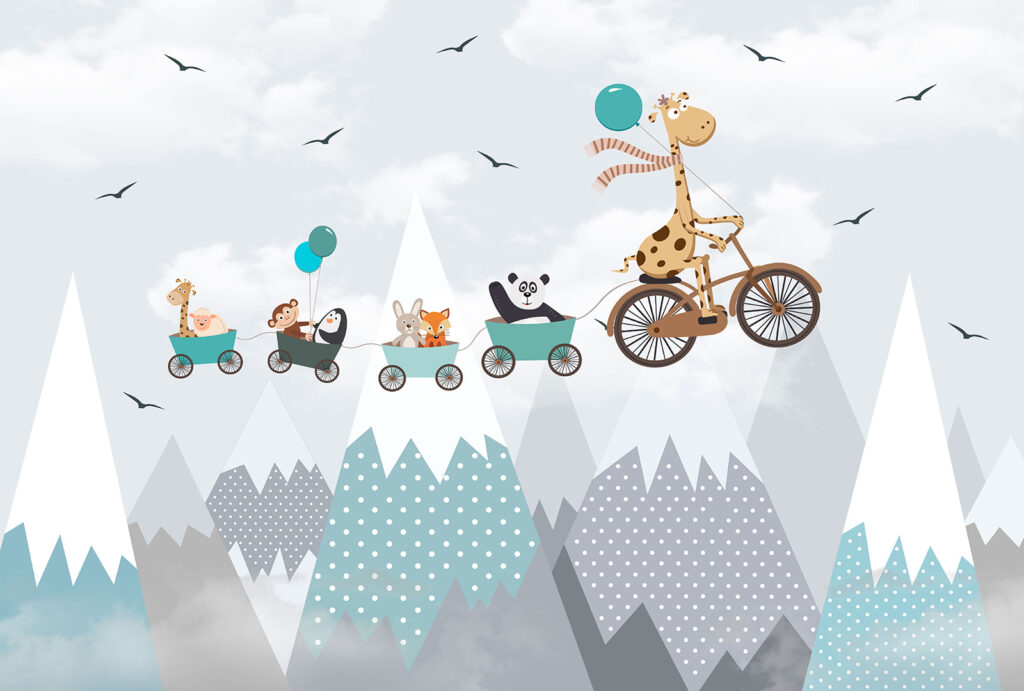 Giraffe cycling above peaks — full design
