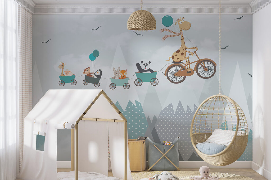 Giraffe cycling above peaks — interior 2