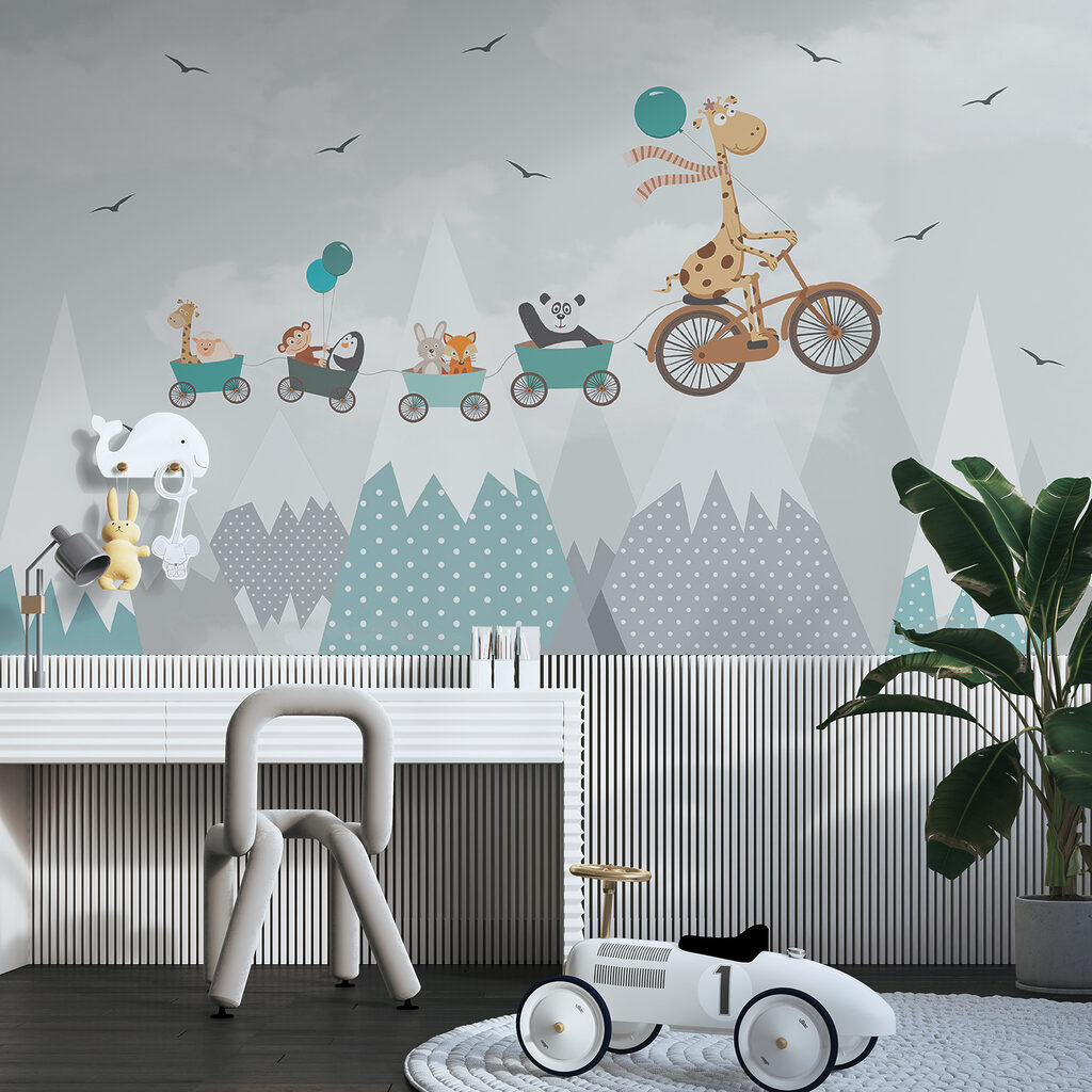 Giraffe cycling above peaks — interior 3