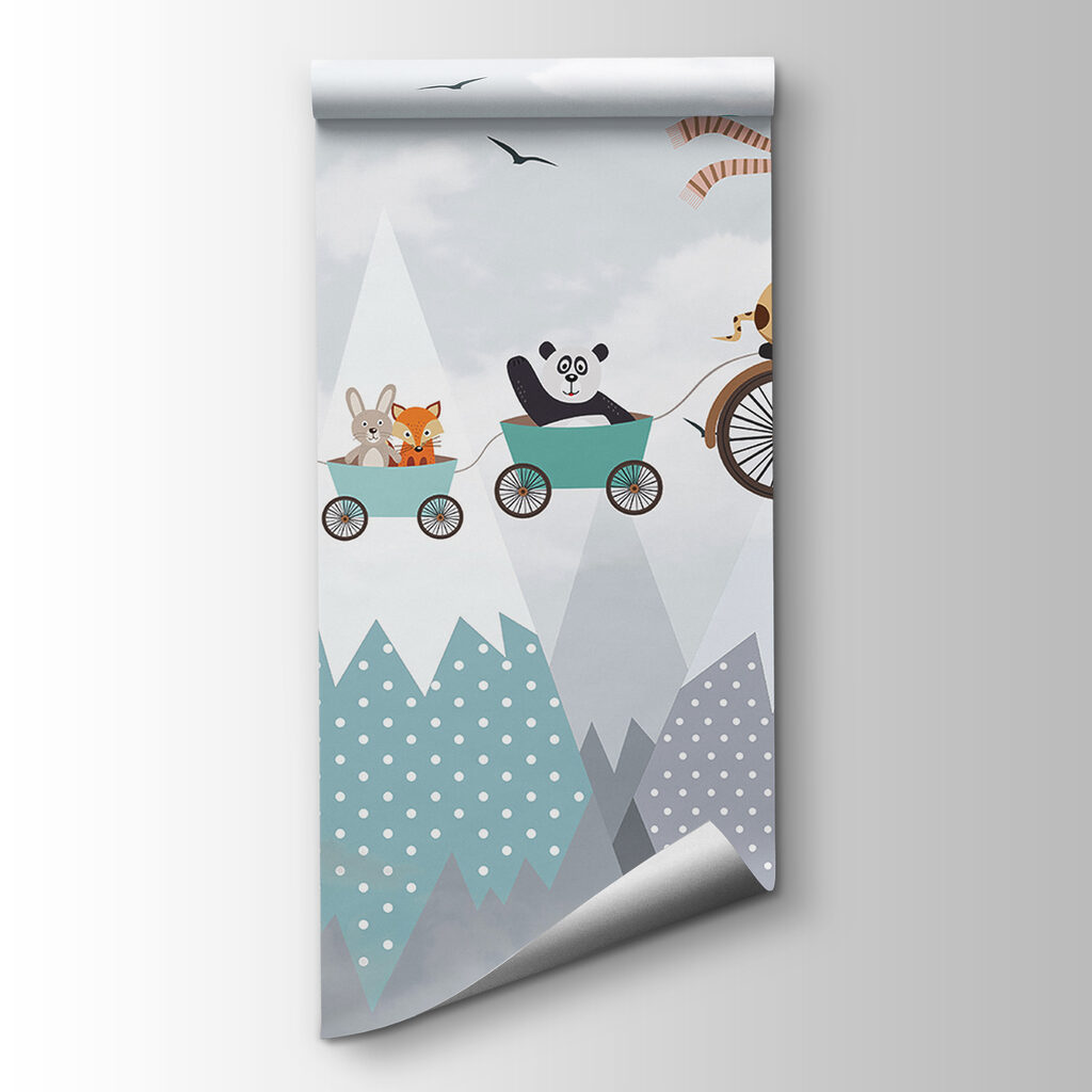 Giraffe cycling above peaks — product view