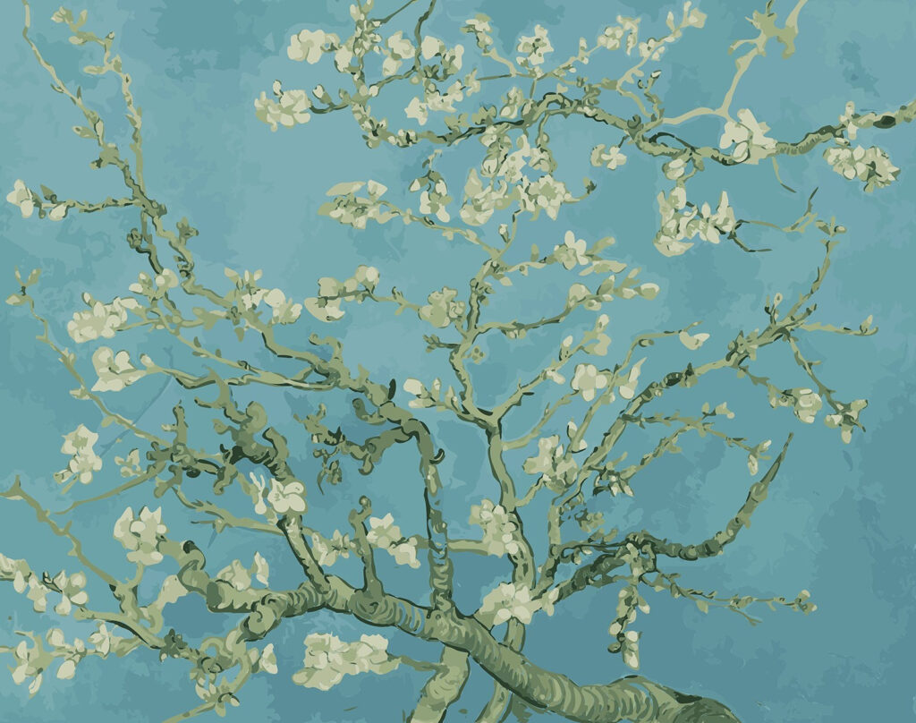 White blossom on blue — full design