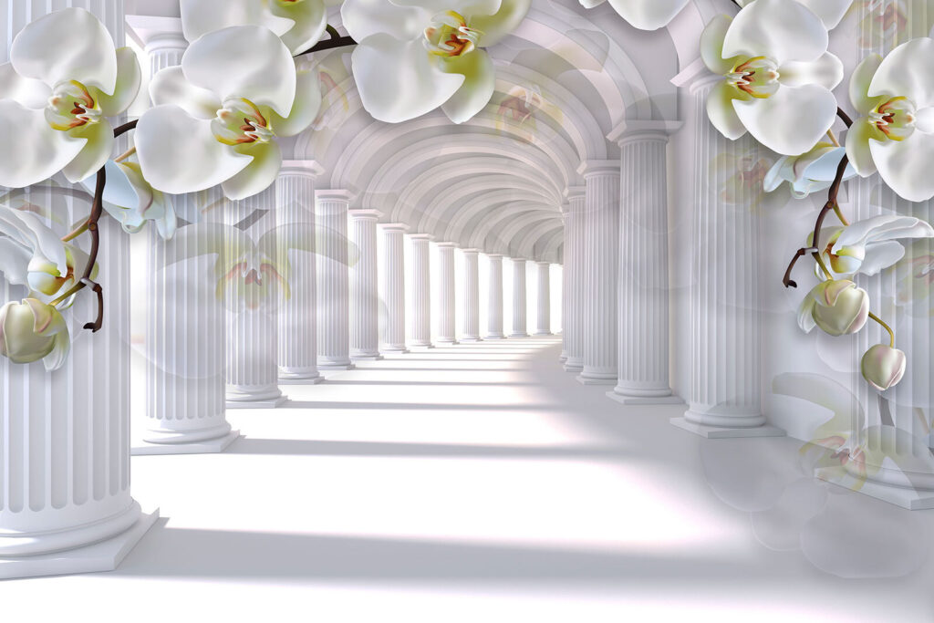 Orchids above white colonnade — full design