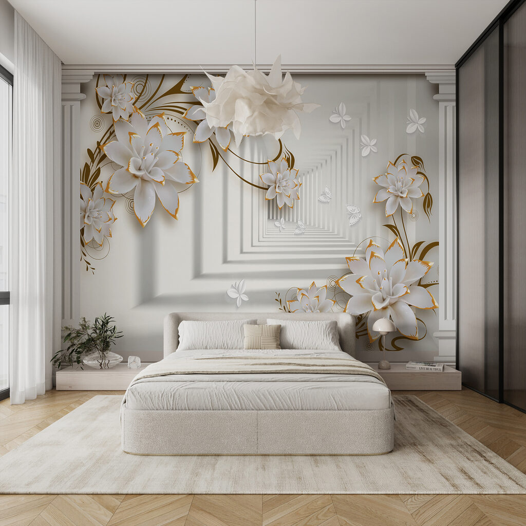 White flowers before columns — interior 3