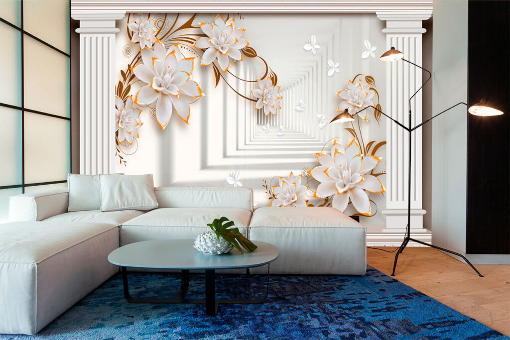 White flowers before columns — interior 1