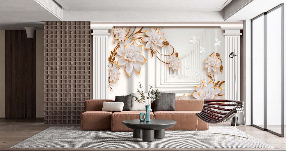 White flowers before columns — interior 2