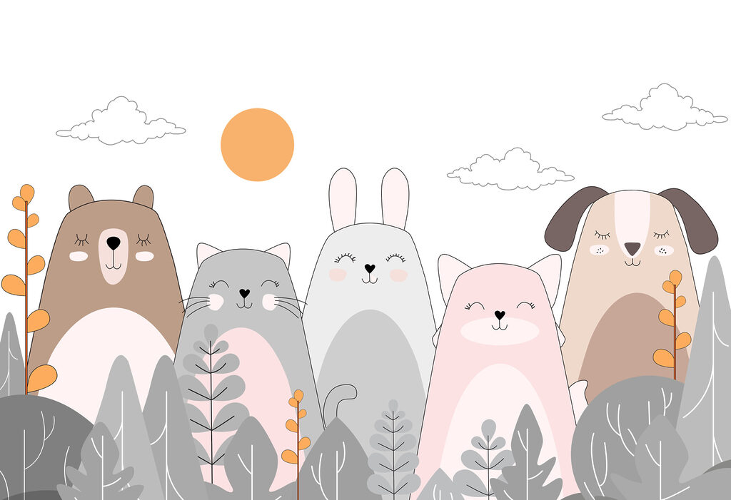 Woodland friends among leaves — full design