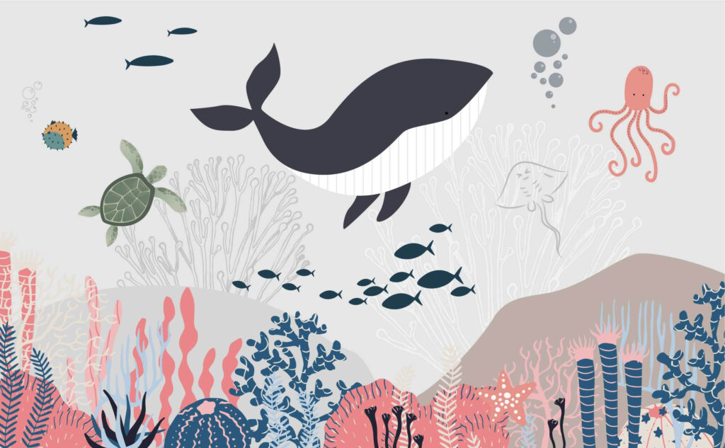 Whale above pastel corals — full design