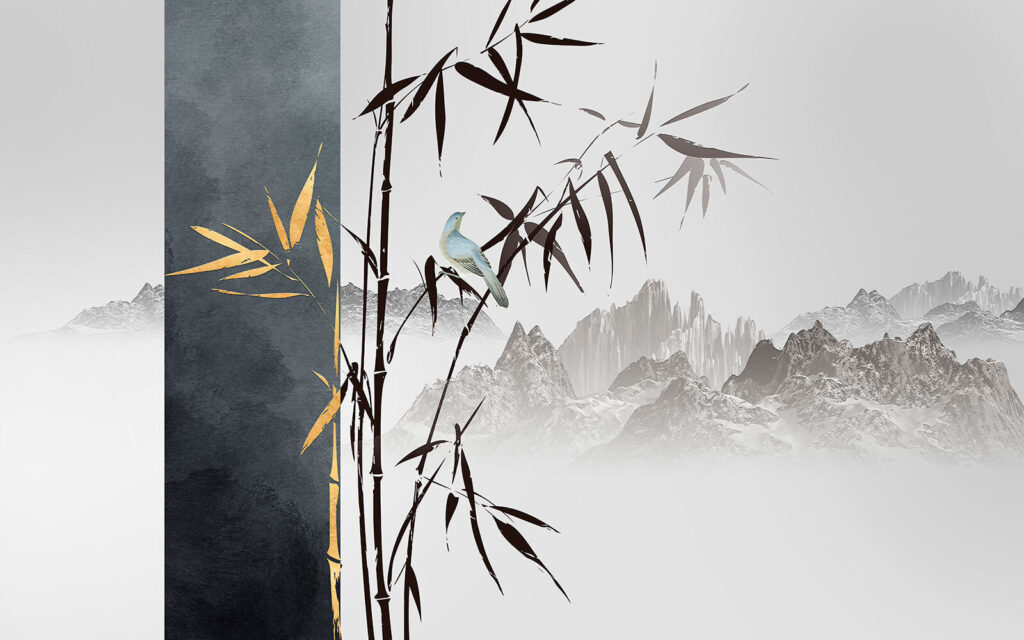 Bamboo beside distant mountains — full design