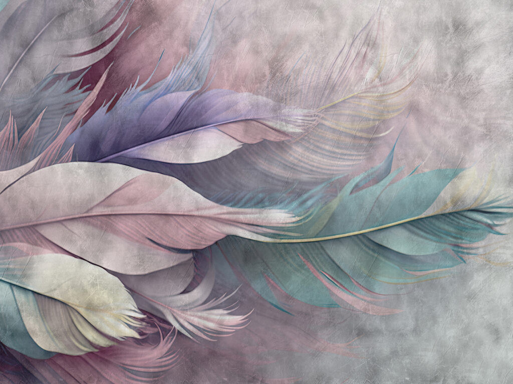 Pastel feathers on grey — full design