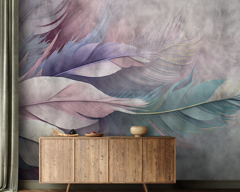 Pastel feathers on grey — interior 1