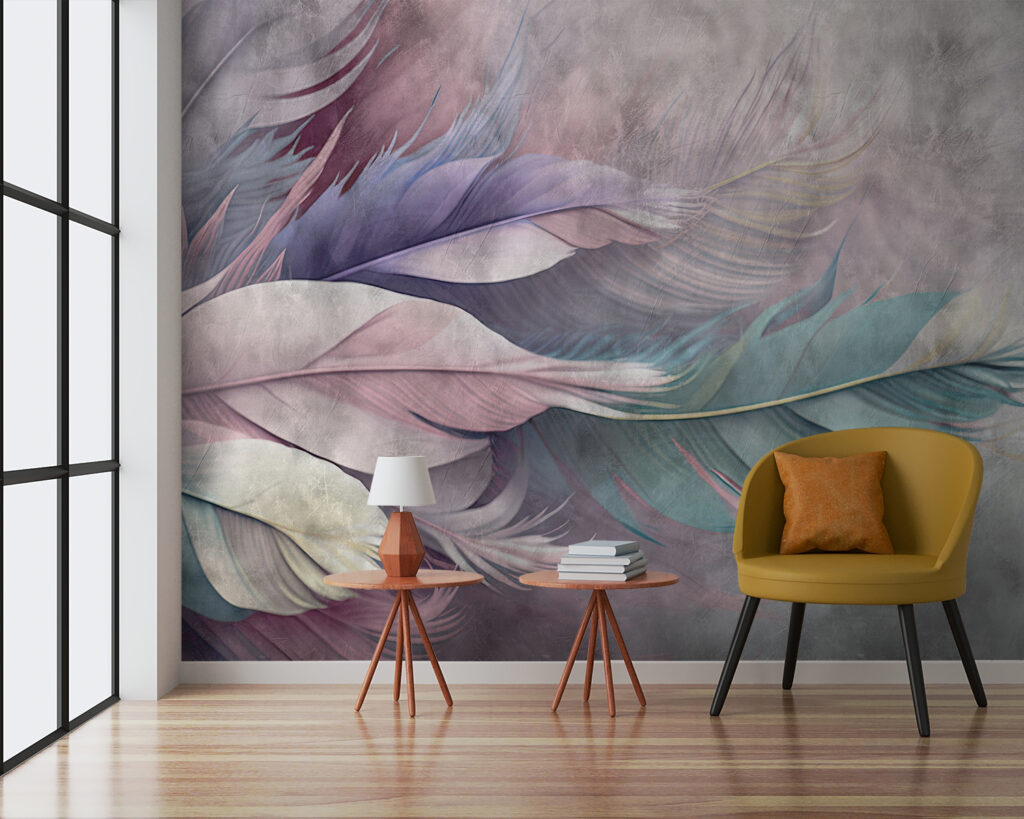 Pastel feathers on grey — interior 2