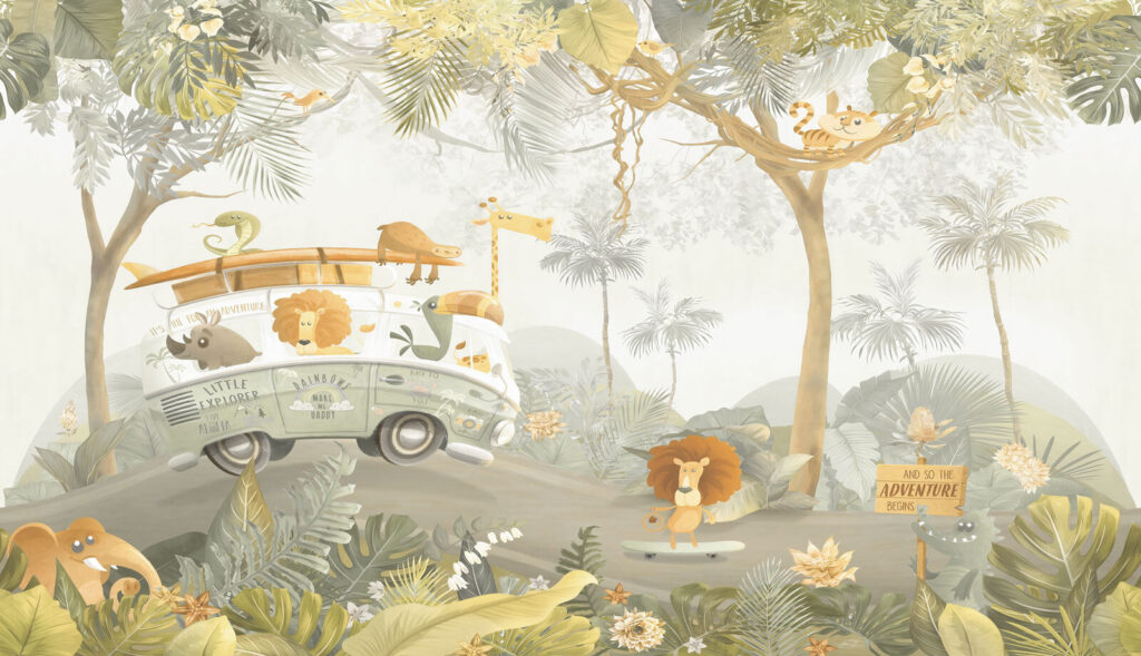 Safari bus among palms — full design