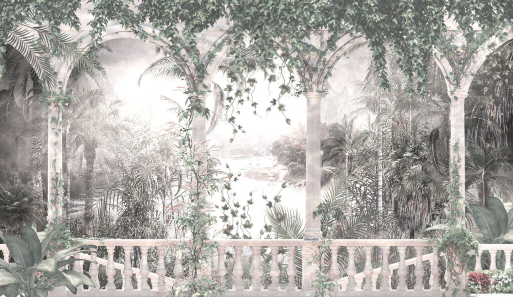 Pale jungle behind arches — full design