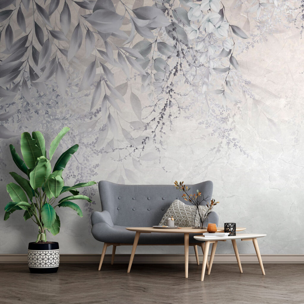 White leaves on grey — interior 1