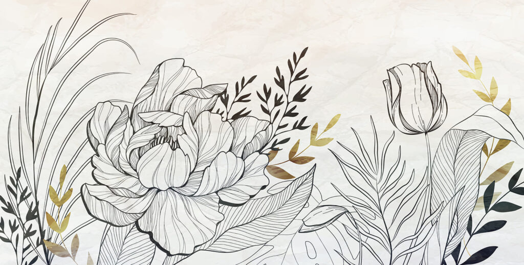 Drawn blooms, gold accents — full design