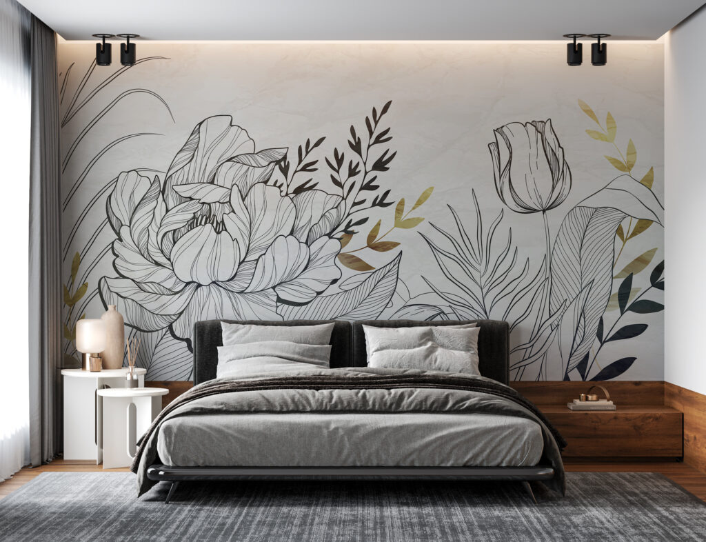 Drawn blooms, gold accents — interior 1