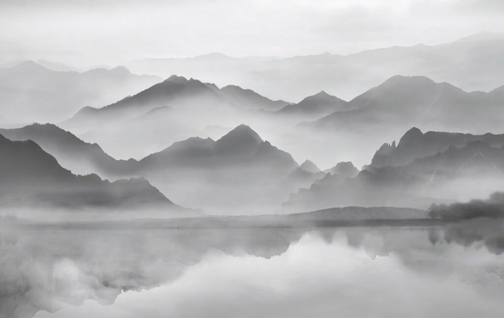 Grey mountains over water — full design