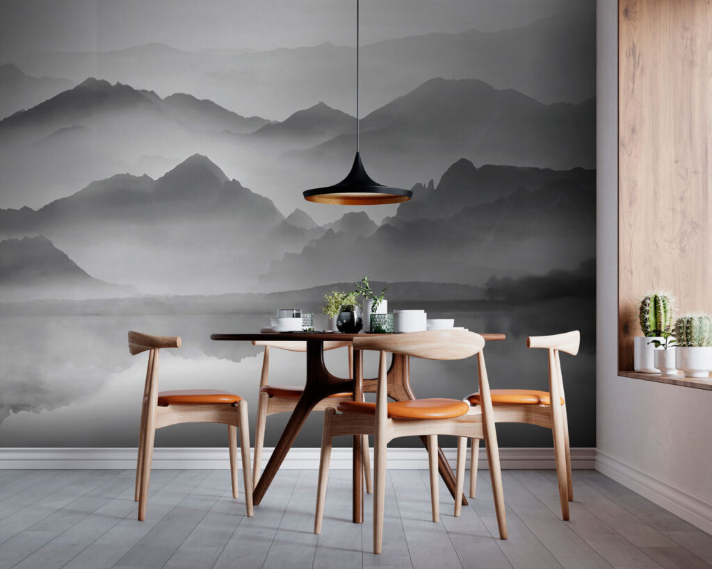 Grey mountains over water — interior 1