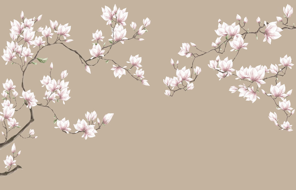 Pink magnolia on taupe — full design