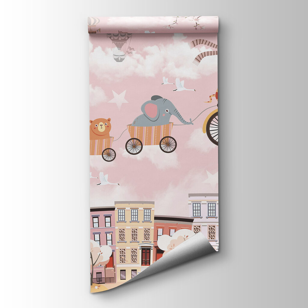 Animals cycling above town — product view