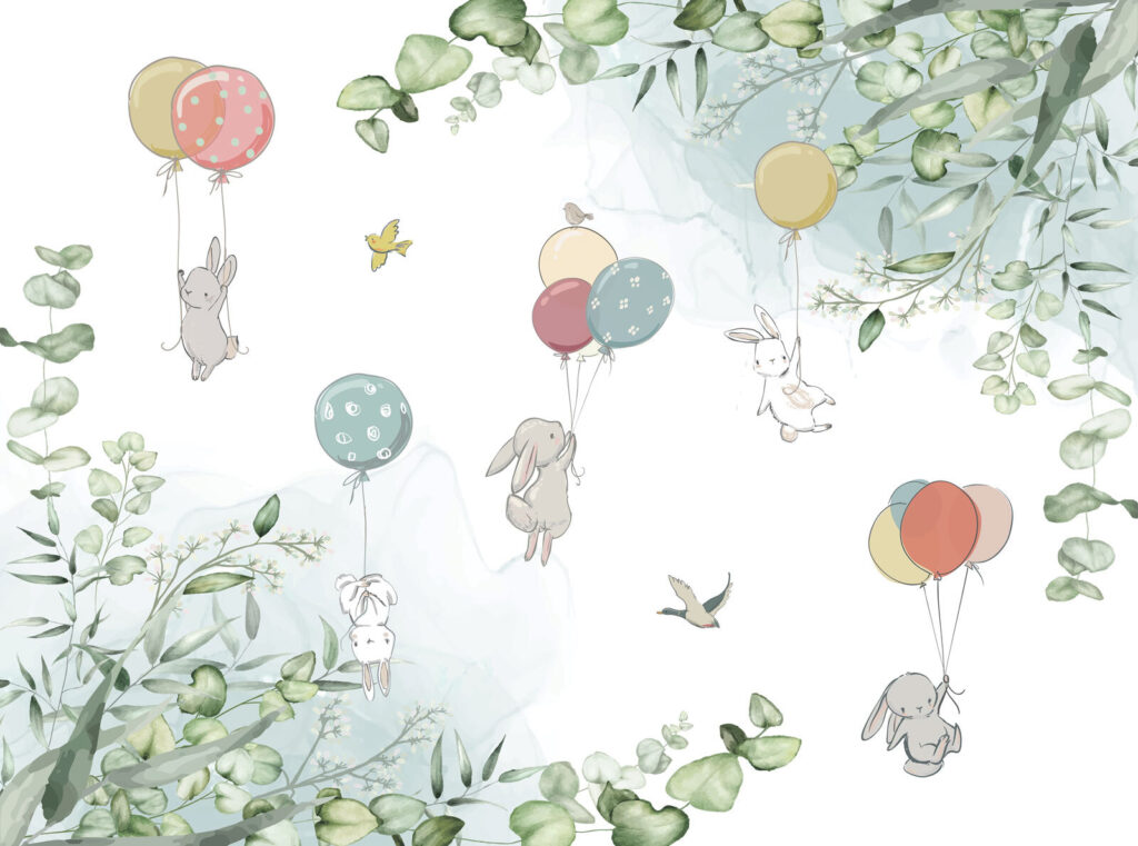Animal balloons among leaves — full design