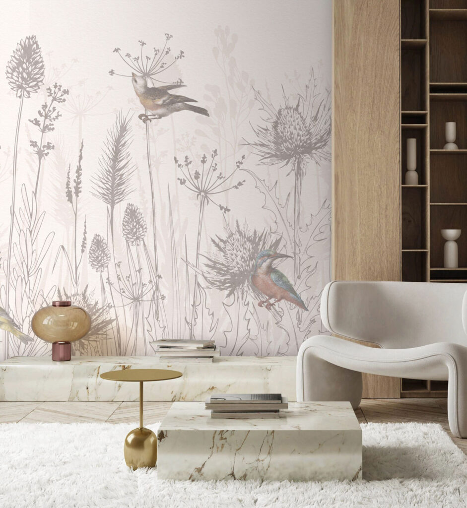Songbirds among drawn grasses — interior 1