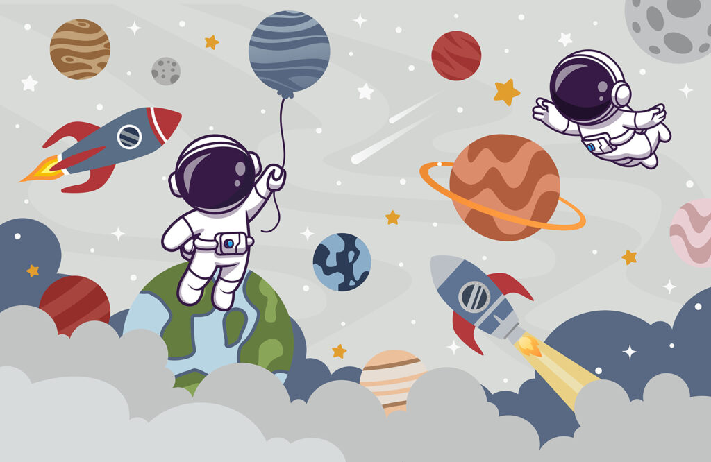 Astronauts among playful planets — full design