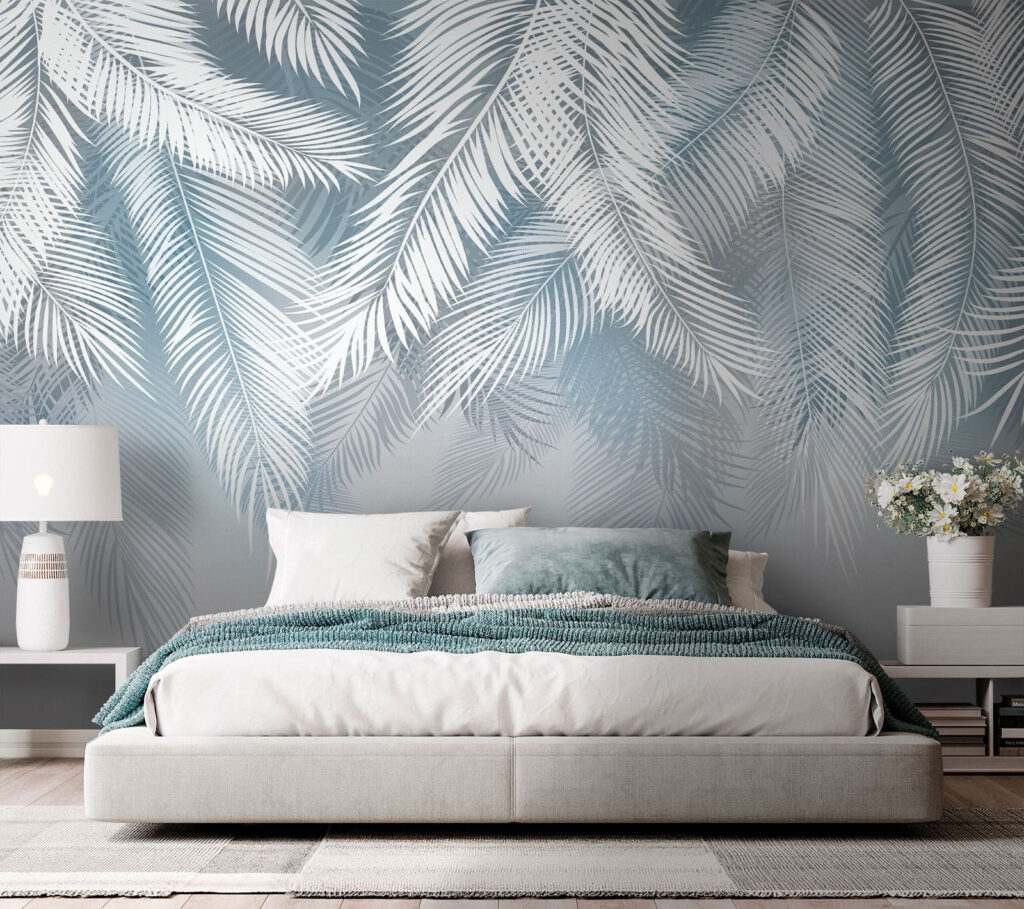 Palm fronds on ice-blue — interior 1