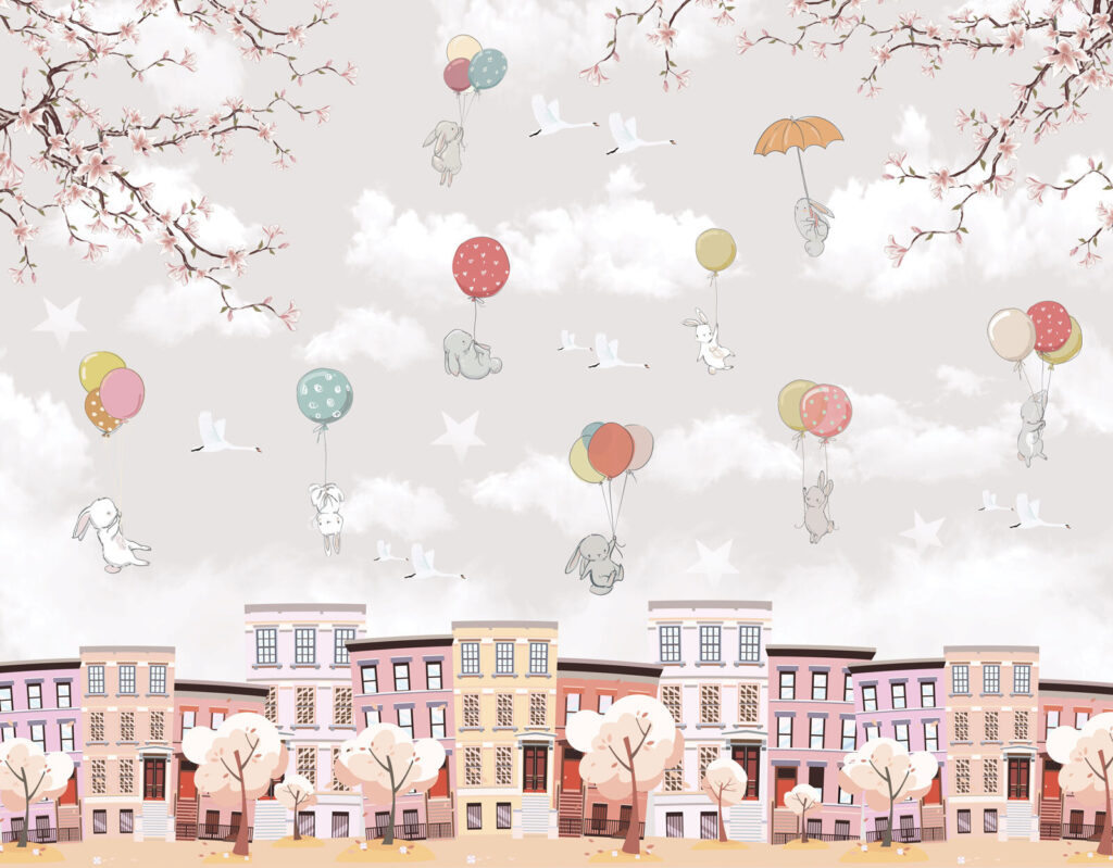 Animals above pastel houses — full design