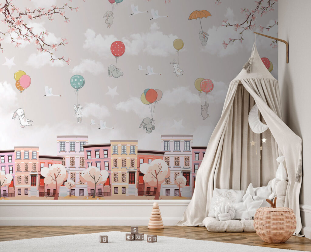 Animals above pastel houses — interior 1