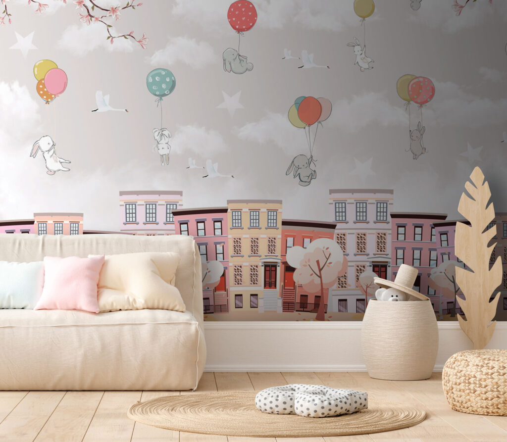 Animals above pastel houses — interior 2