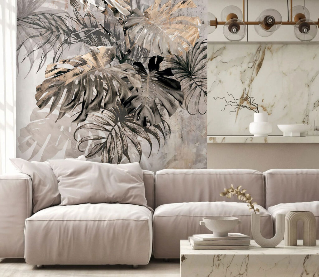 Tropical leaves on beige — interior 1